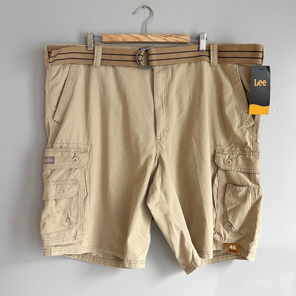 Lee Mens Dungarees Belted Cargo Shorts 10" Buff Tan Cotton Size 46 NWT